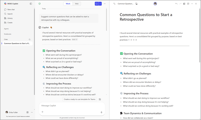 Chat et Pages côte à côte. Cette capture Microsoft montre la variante Travail / Web ; la documentation actuelle décrit aussi le menu des sources.